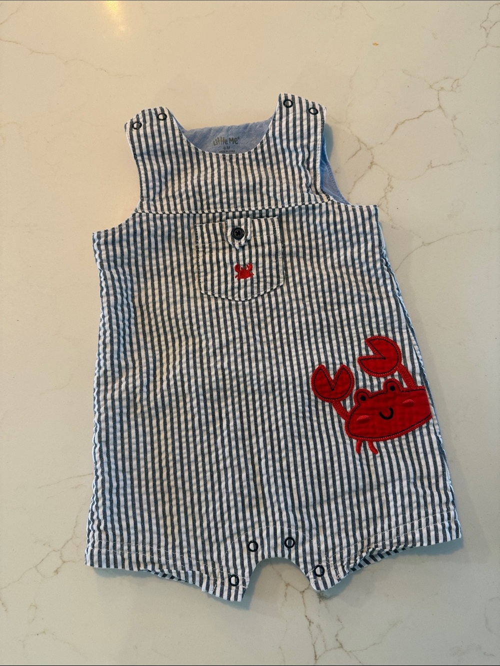 Striped Seersucker Baby Romper with Red Crab Appliqué